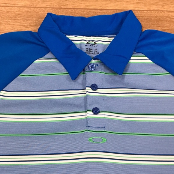 Oakley Large Regular Fit Blue White Stripe Short Sleeve Performance Golf Polo - Picture 3 of 8